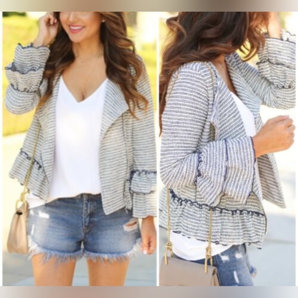 Banana Republic Striped Ruffle Sleeve Jacket - Picture 2 of 15